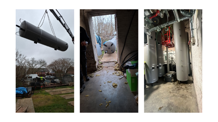 Four buffer tanks of 2,000 litres each (8,000 litres in total) are delivered. These custom‑made tanks are built to fit through the narrow doorway of the plant room.